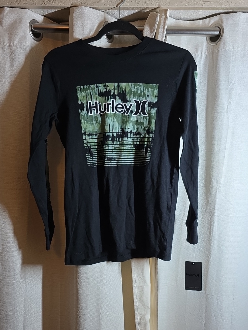 Boys Large Hurley Black Long Sleeve Tee with Green Graphic Panel
